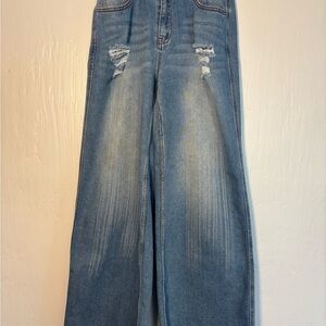 Stylish Blue Distressed Women's Wide Leg High Rise  Jeans
